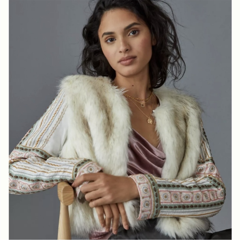 Anthropologie Bl^nk London Embroidered Faux Fur Jacket